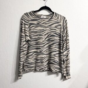 LNA Zebra Animal Print Fleece Raglan Long Sleeve Pullover Small Taupe Gray